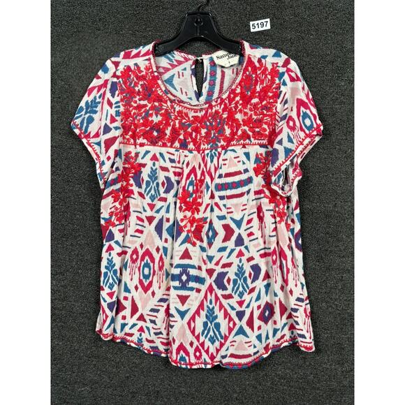 Savanna Jane Floral Embroidered Top Womens S Bohemian Festival Short Sleeves - Picture 1 of 7